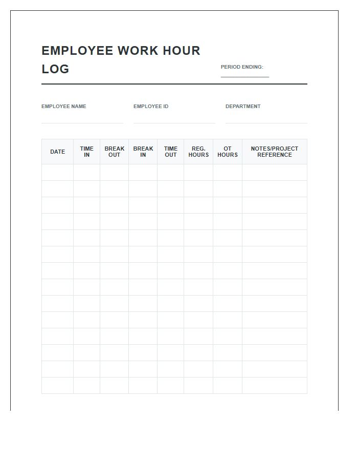 Detailed Printable Employee Work Hour Log Chart Form