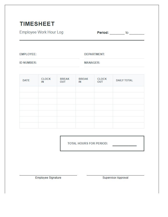 Individual Printable Employee Work Hour Log Chart Document