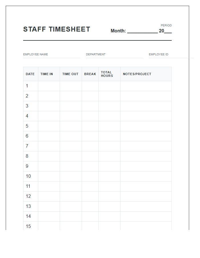 Monthly Printable Staff Work Hour Tracking Chart