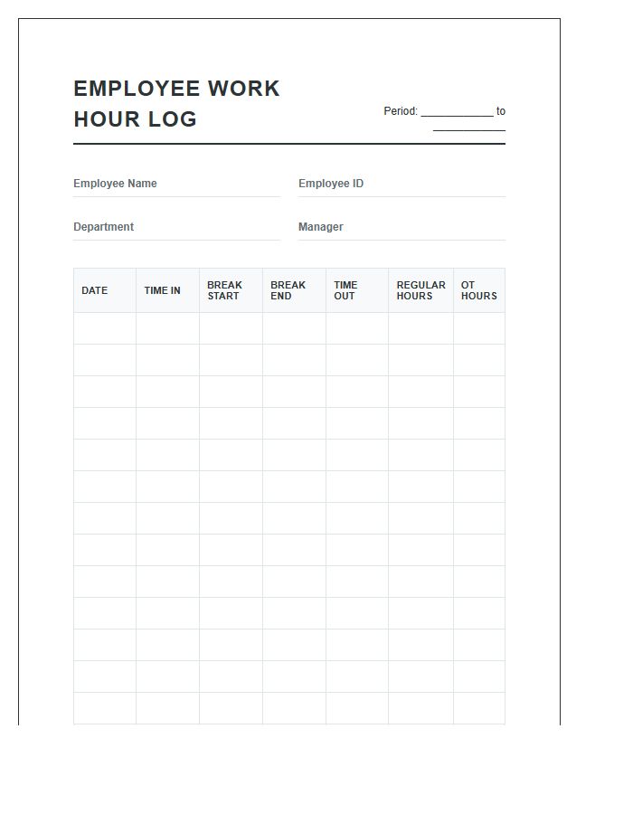 Office Printable Employee Work Hour Log Chart Sheet