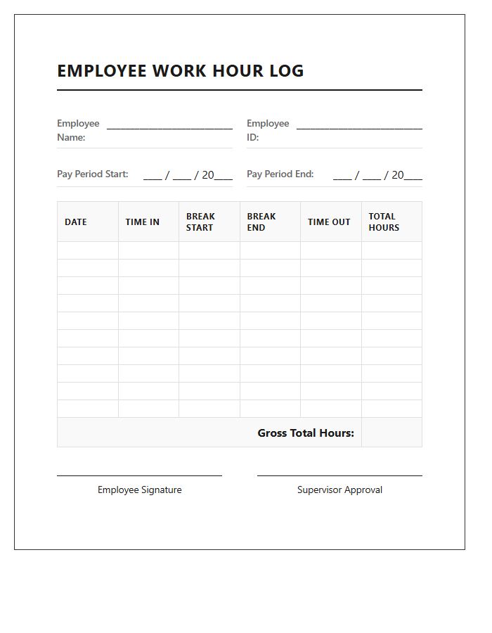 Printable Employee Work Hour Log Chart For Payroll Processing