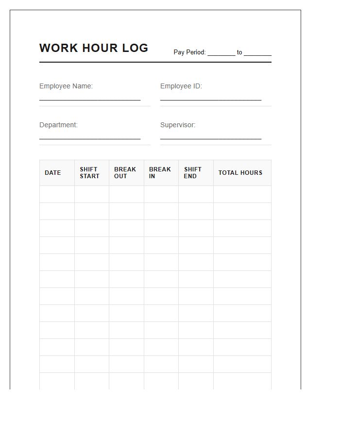 Printable Employee Work Hour Log Chart For Shift Workers