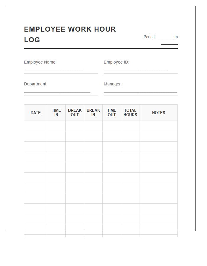 Printable Employee Work Hour Log Chart With Break Times