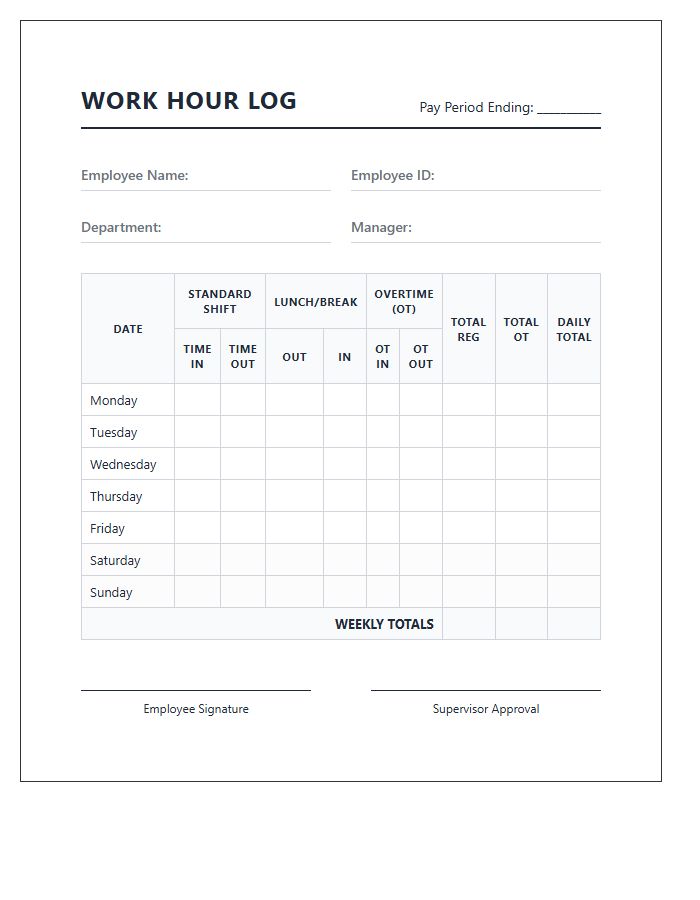 Printable Employee Work Hour Log Chart With Overtime Columns