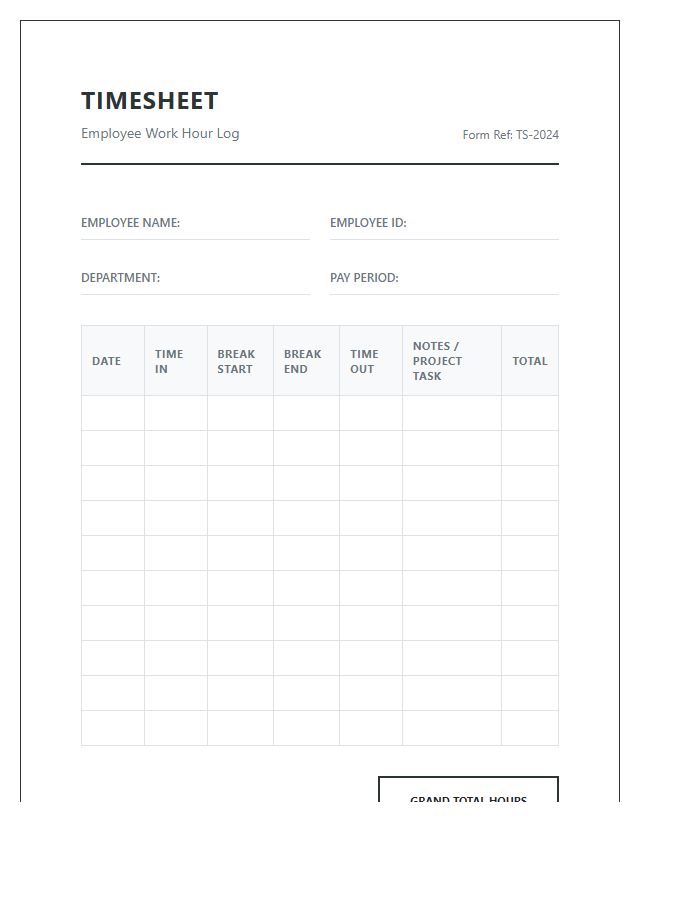 Professional Printable Employee Work Hour Log Chart Layout