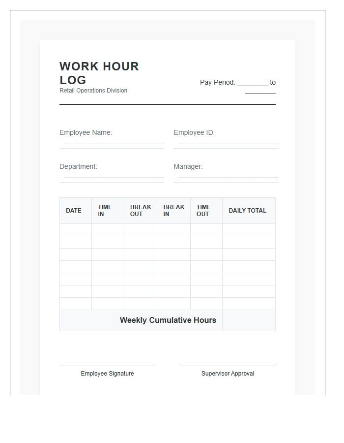 Retail Printable Employee Work Hour Log Chart System