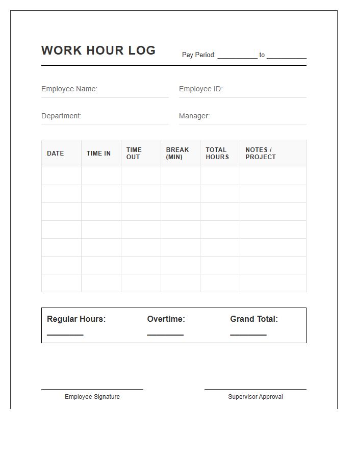 Simple Printable Employee Work Hour Log Chart Design