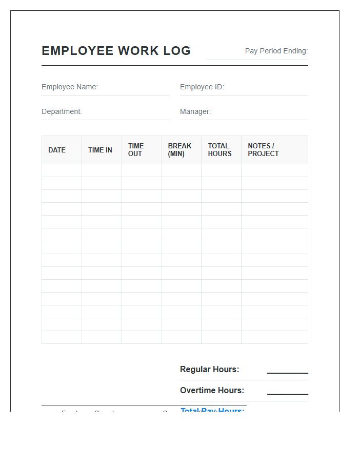 Small Business Printable Employee Work Hour Log Chart