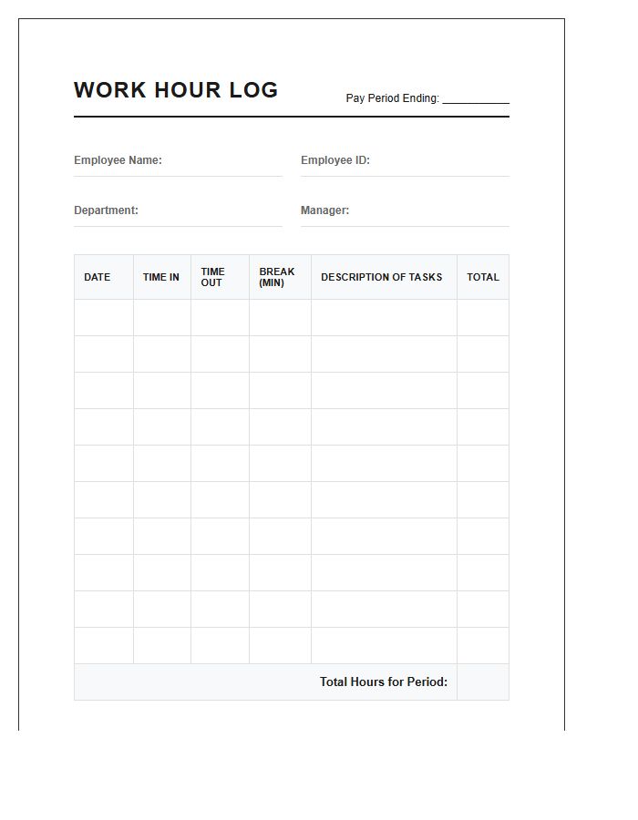 Standard Printable Employee Work Hour Log Chart Report