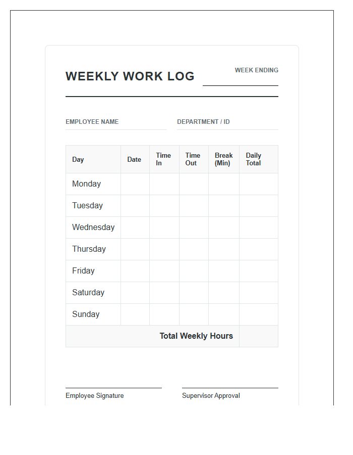 Weekly Printable Employee Work Hour Log Chart