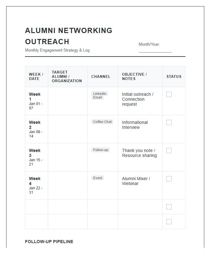Alumni Networking Outreach Calendar Printable Chart