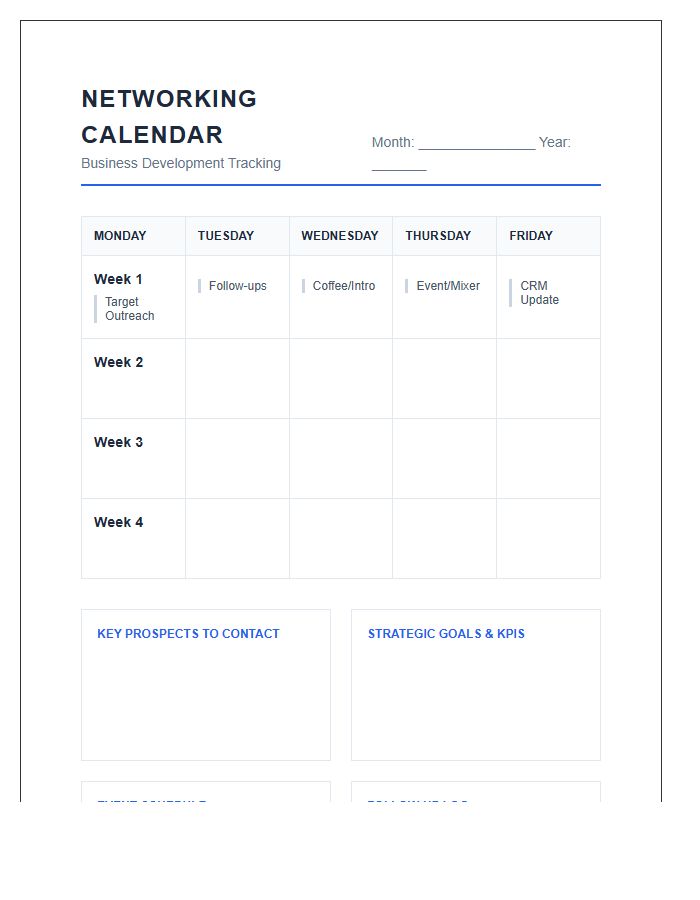 Business Development Networking Calendar Printable Chart