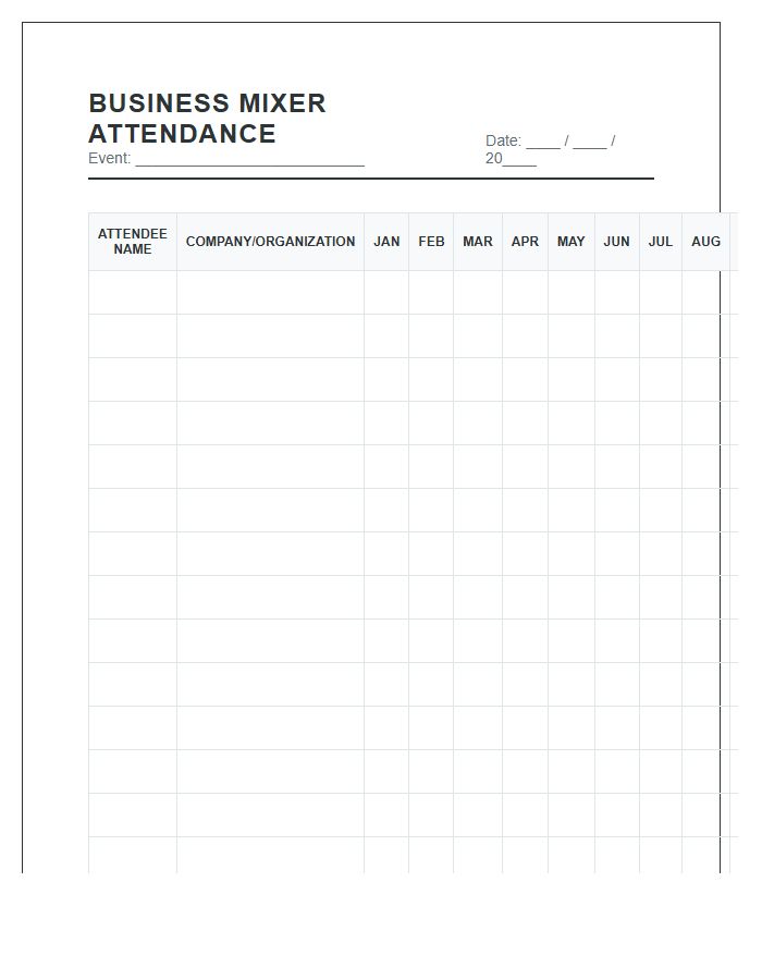 Business Mixer Attendance Calendar Printable Chart