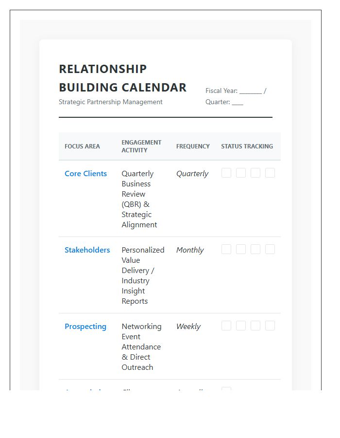 Corporate Relationship Building Calendar Printable Chart