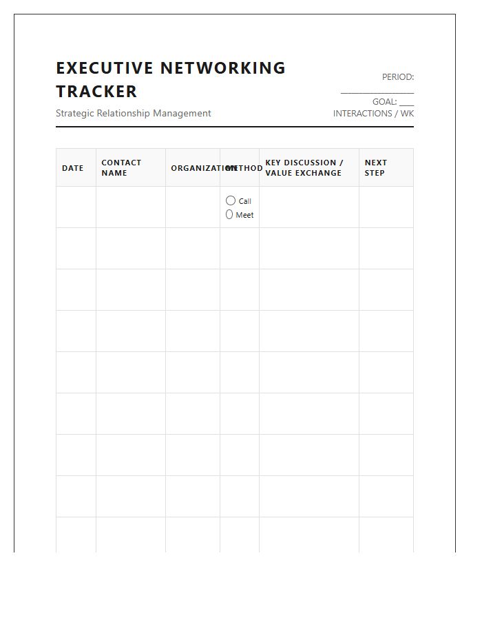 Executive Networking Contact Tracker Calendar Printable Chart