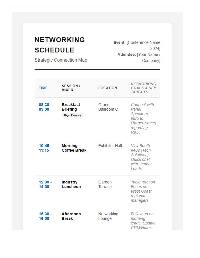 Industry Conference Networking Schedule Printable Chart