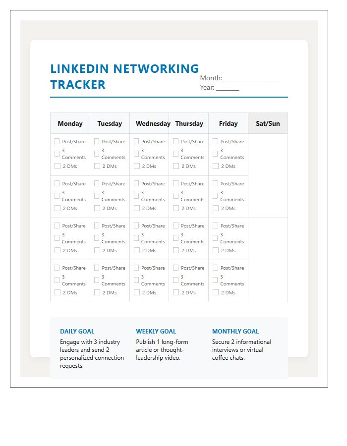 LinkedIn Networking Activity Calendar Printable Chart
