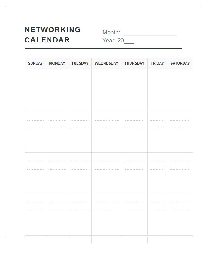 Monthly Professional Networking Calendar Printable Chart
