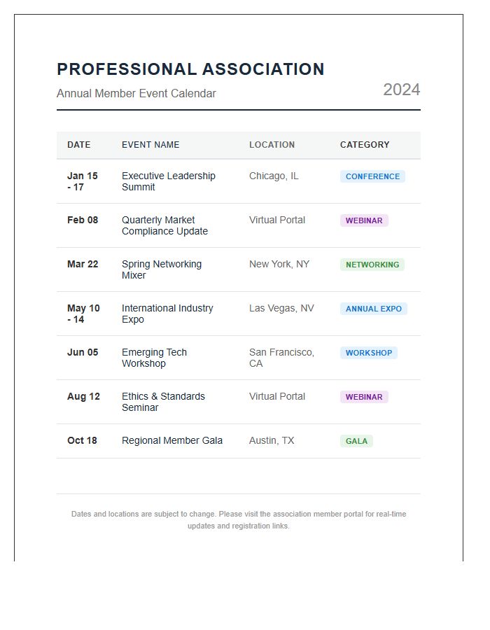 Professional Association Event Calendar Printable Chart