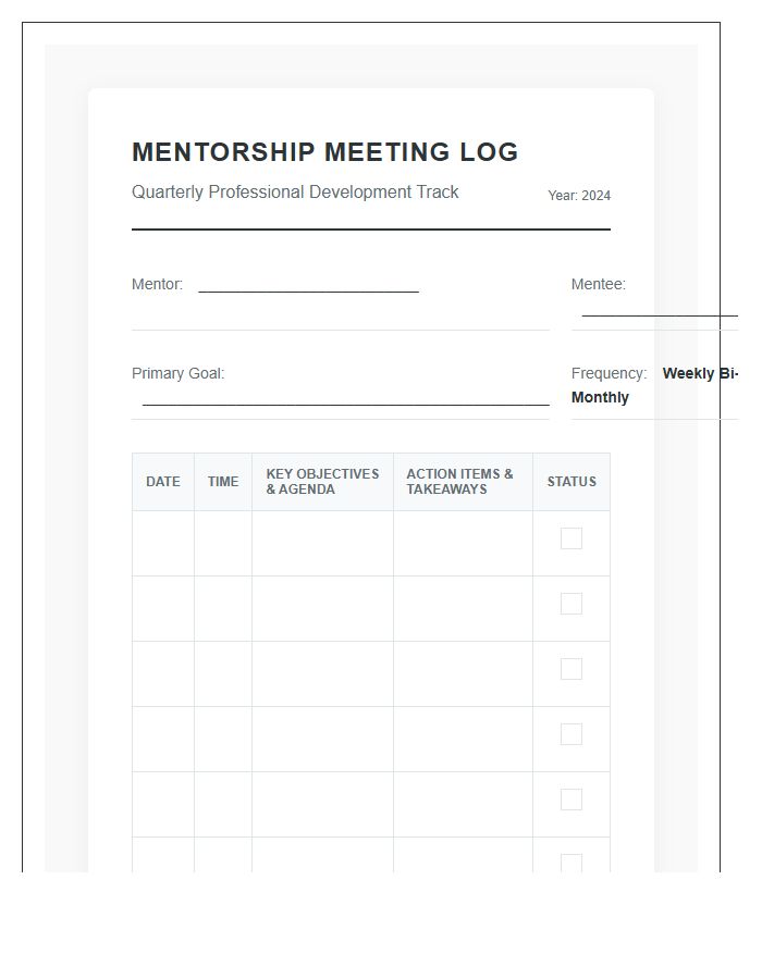 Professional Mentorship Meeting Calendar Printable Chart