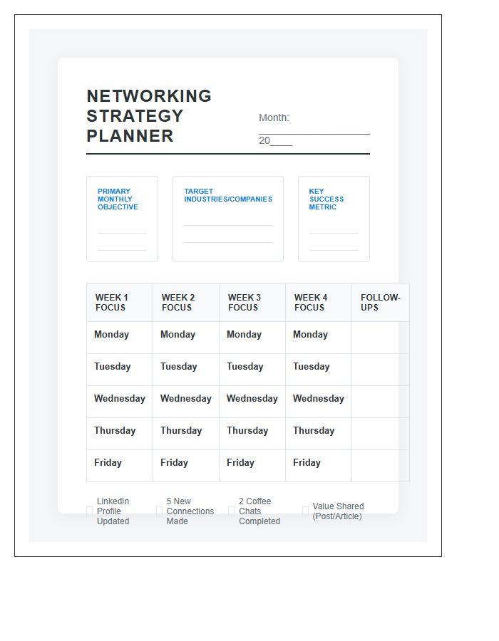 Professional Networking Goal Setting Calendar Printable Chart