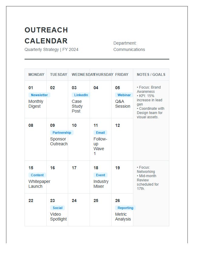 Professional Outreach Activity Calendar Printable Chart