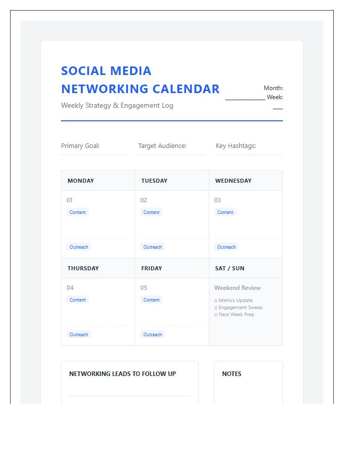 Professional Social Media Networking Calendar Printable Chart