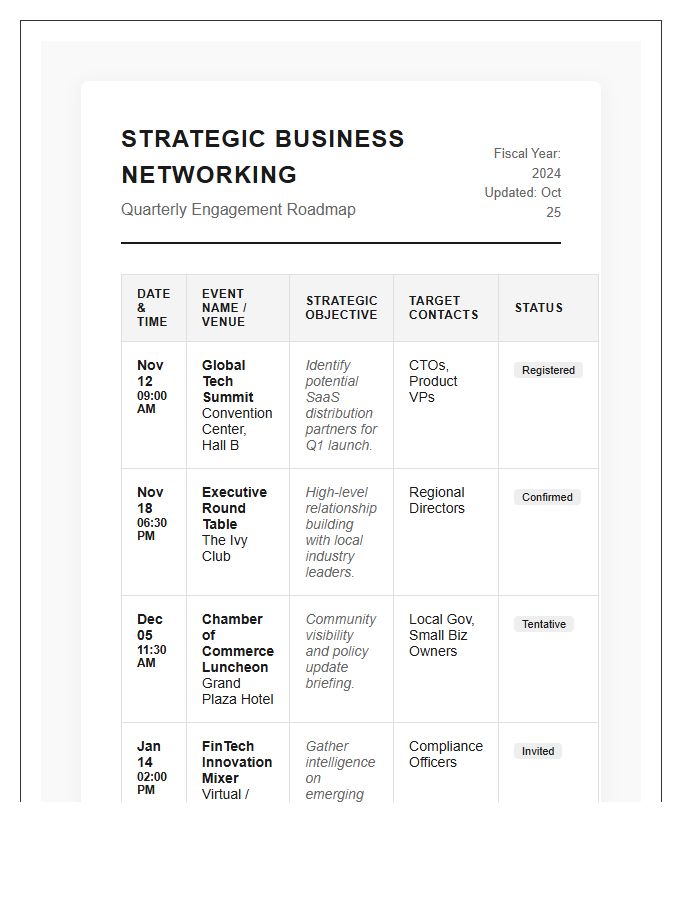 Strategic Business Networking Events Calendar Printable Chart