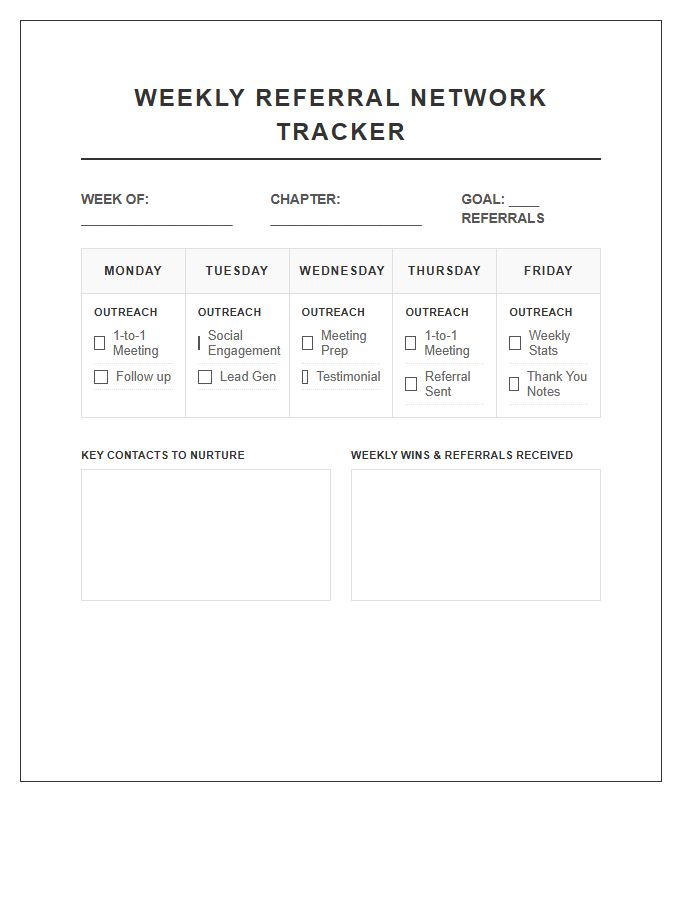 Weekly Business Referral Network Calendar Printable Chart
