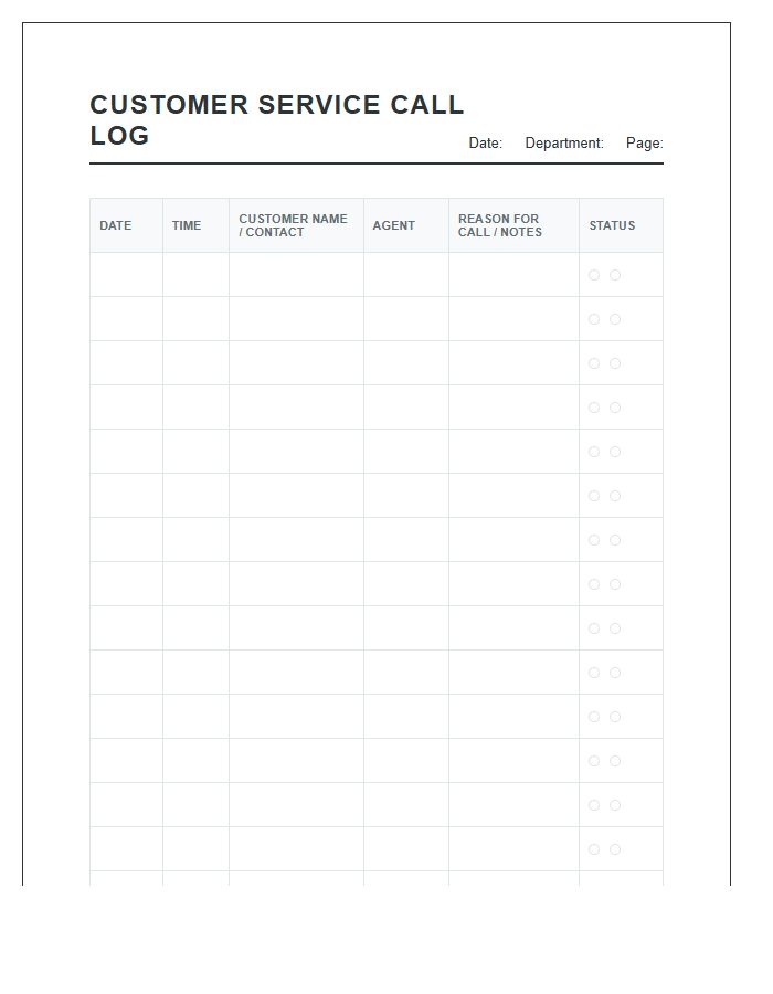 Business Printable Customer Service Call Log Chart