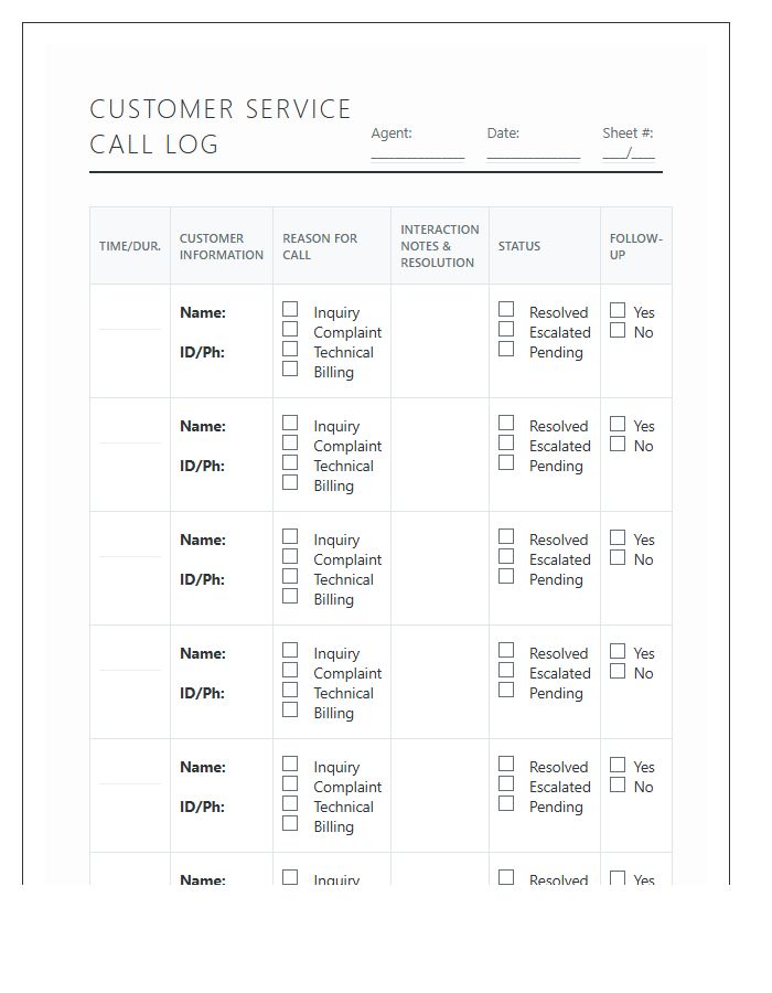 Comprehensive Printable Customer Service Call Log Chart