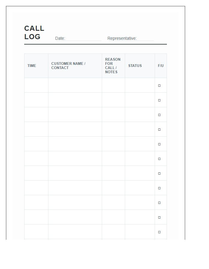 Daily Printable Customer Service Call Log Chart