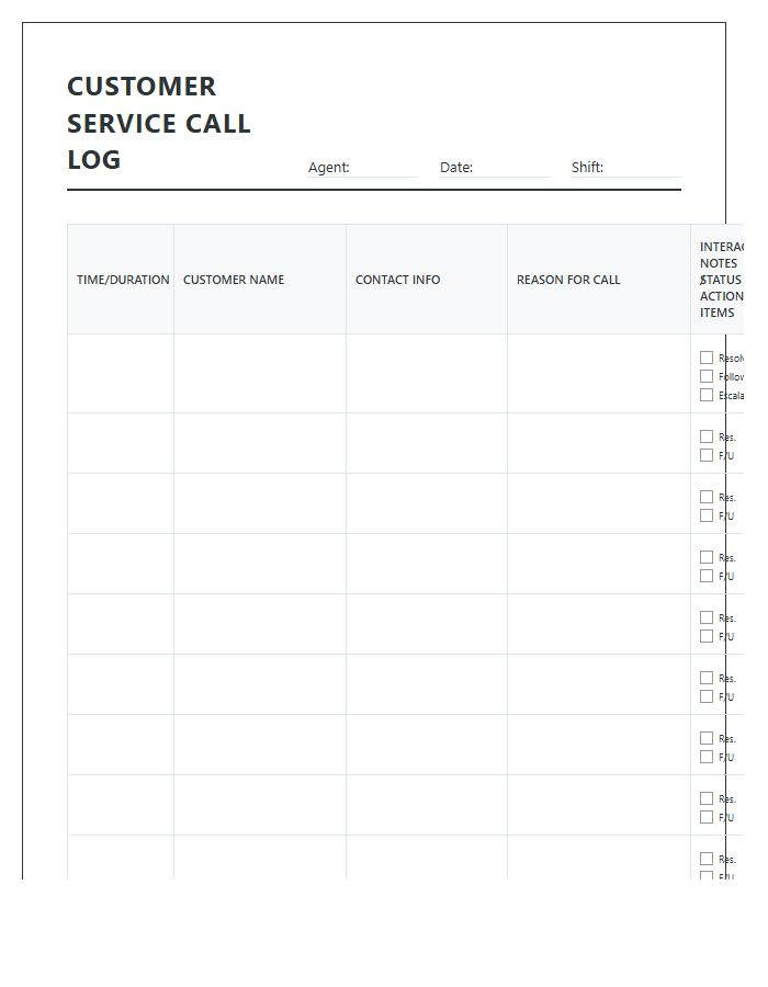 Detailed Printable Customer Service Call Log Chart
