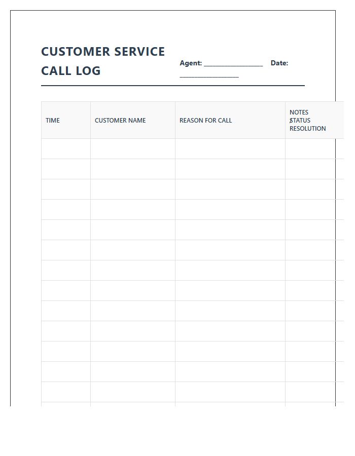 Essential Printable Customer Service Call Log Chart