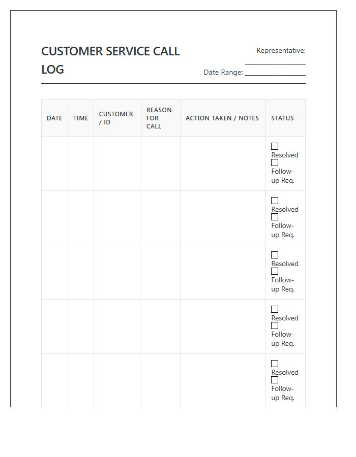 Formal Printable Customer Service Call Log Chart