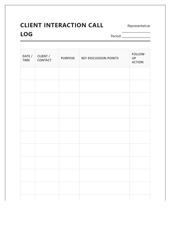 Printable Client Interaction Call Log Chart
