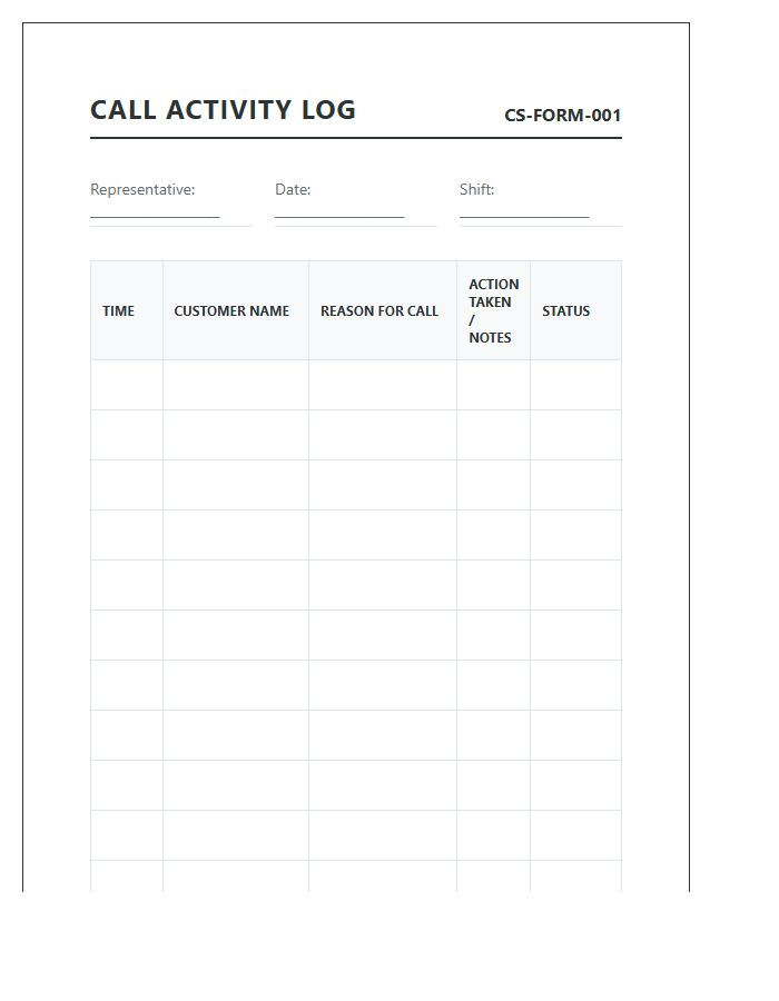 Printable Customer Service Call Activity Chart