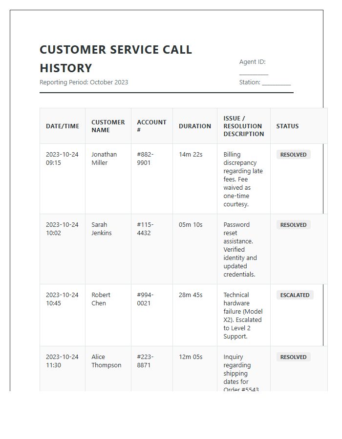 Printable Customer Service Call History Chart