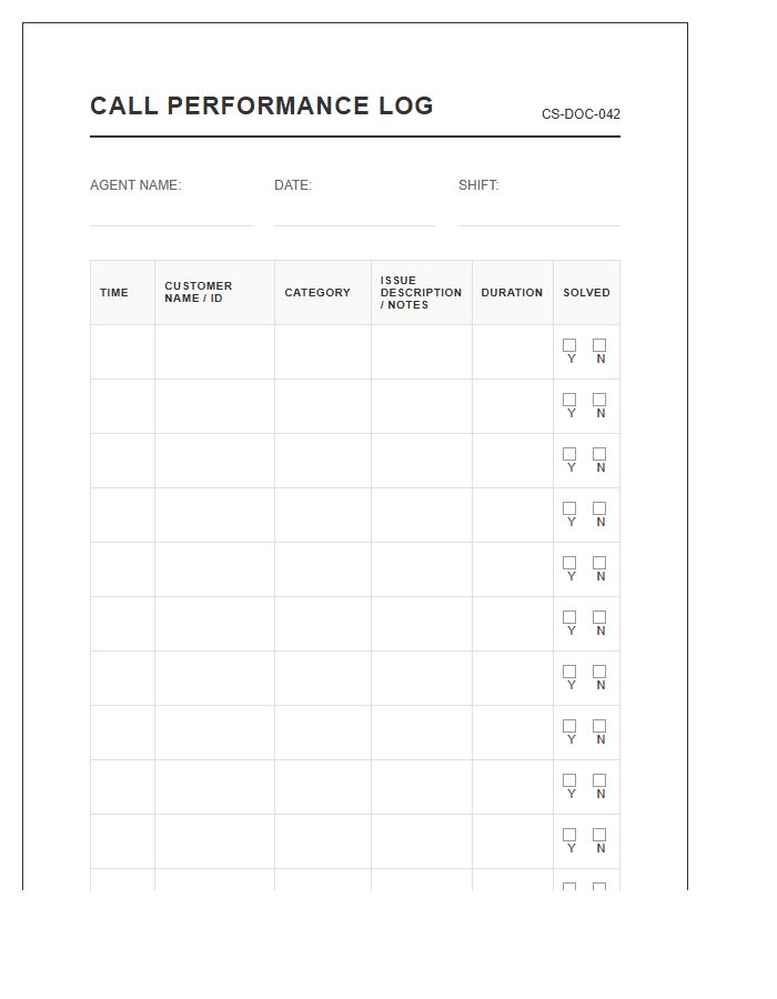 Printable Customer Service Performance Call Log Chart