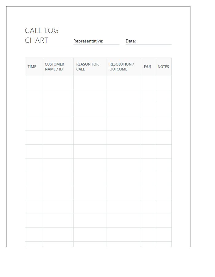 Printable Customer Service Representative Call Log Chart