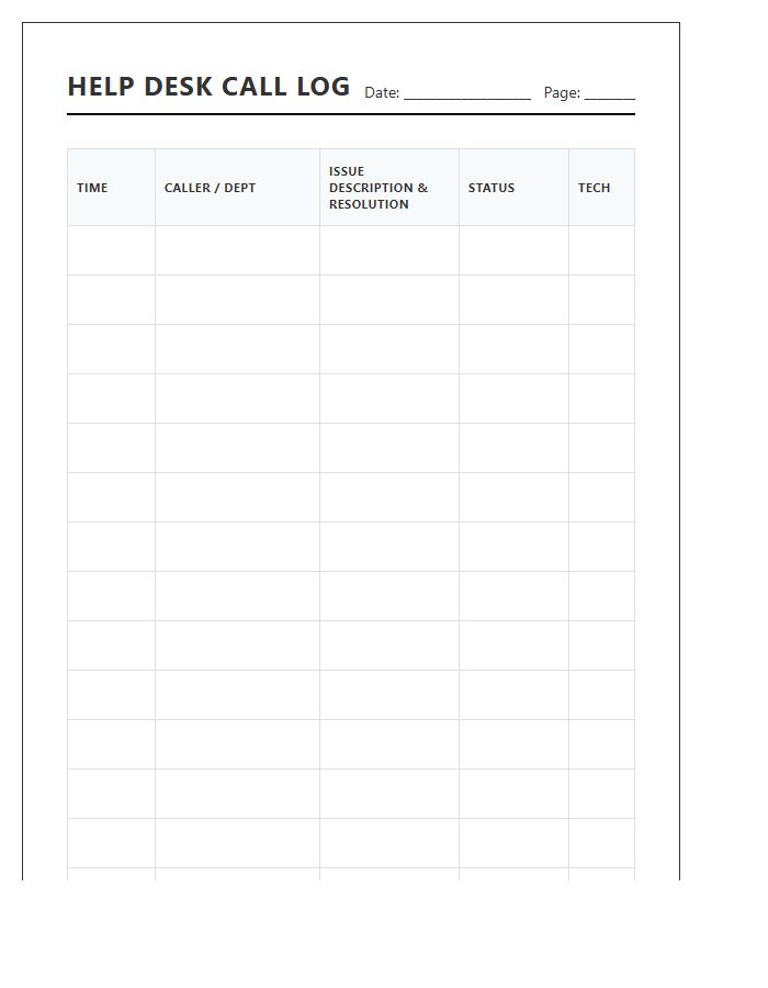 Printable Help Desk Call Log Chart