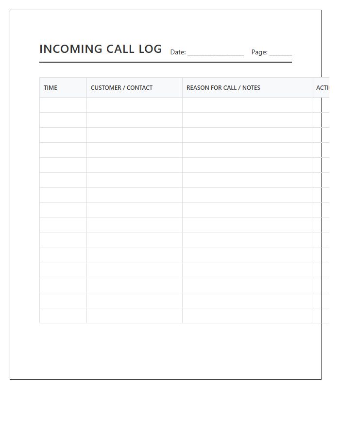 Printable Incoming Customer Call Log Chart