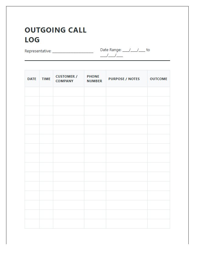 Printable Outgoing Customer Call Log Chart