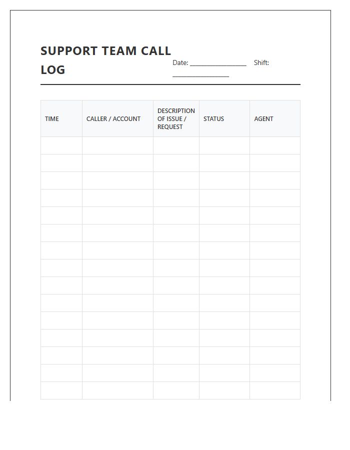 Printable Support Team Call Log Chart