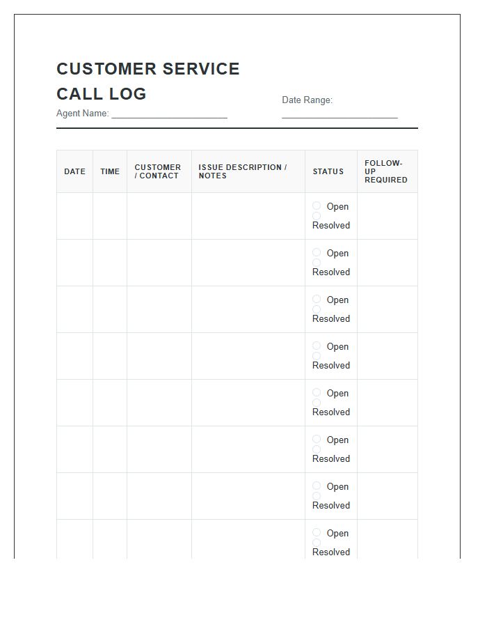 Professional Printable Customer Service Call Log Chart
