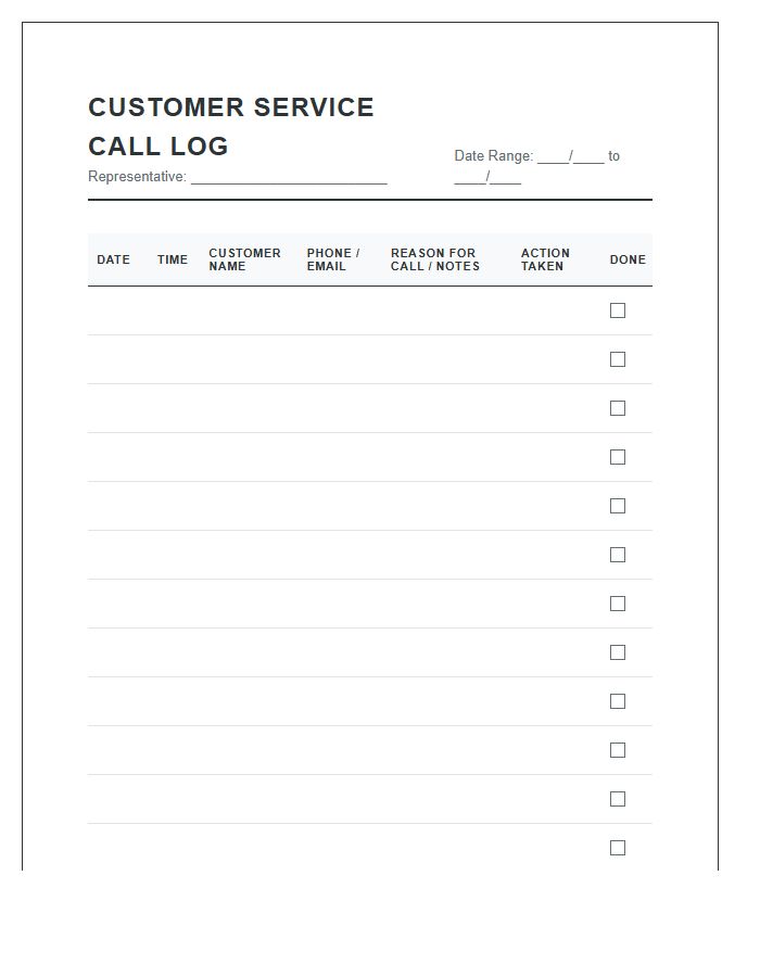 Small Business Printable Customer Service Call Log Chart