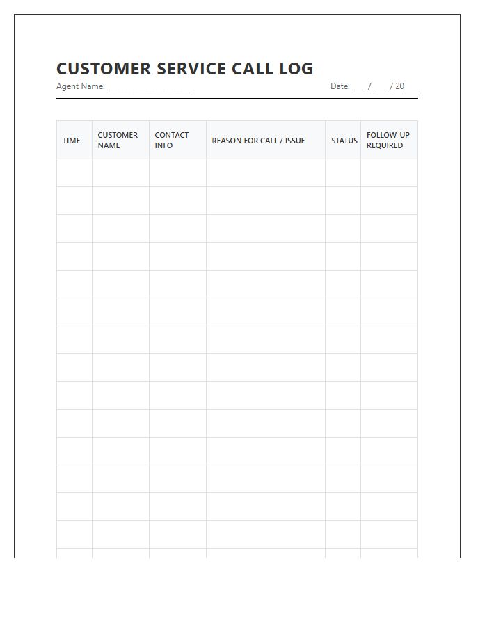 Standard Printable Customer Service Call Log Chart