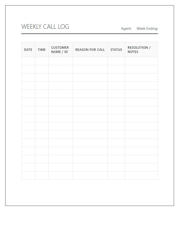 Weekly Printable Customer Service Call Log Chart