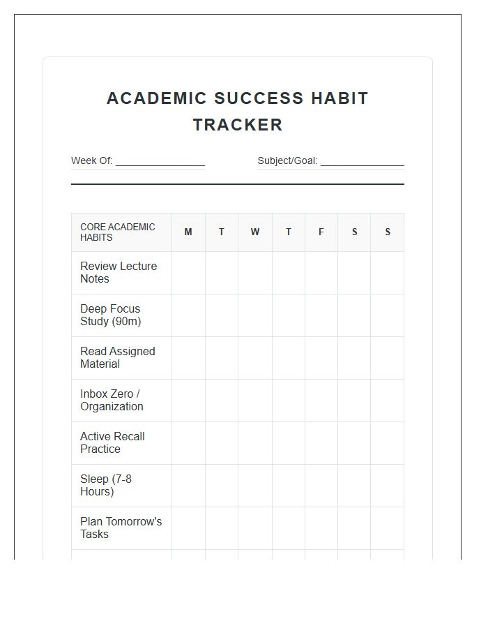 Academic Success Printable Habit Tracker Chart
