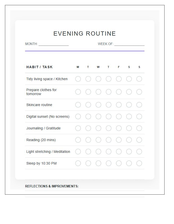 Evening Routine Printable Habit Tracker Chart